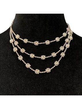 Crystal Triple Strand Necklace Silver Tone Adjustable Length Special Occasion